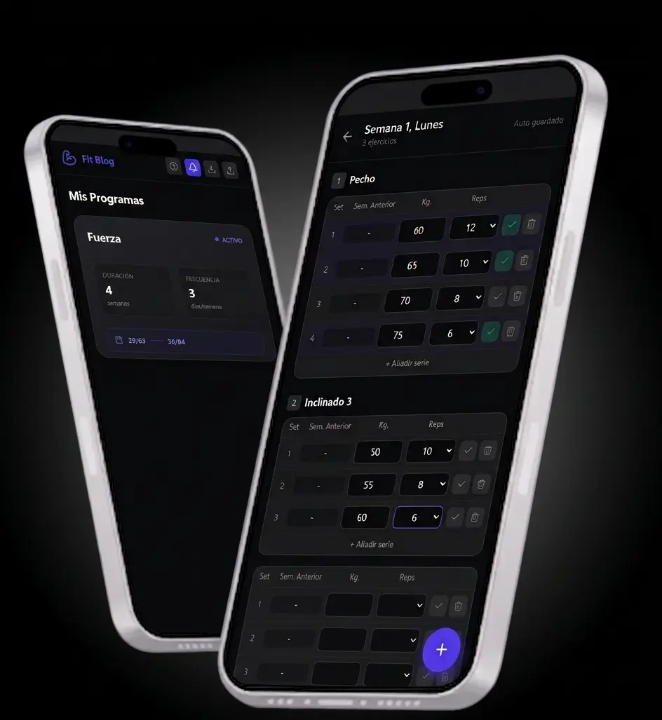 Vista de la aplicación Fit Blog mostrando el panel de seguimiento de ejercicios y progreso fitness